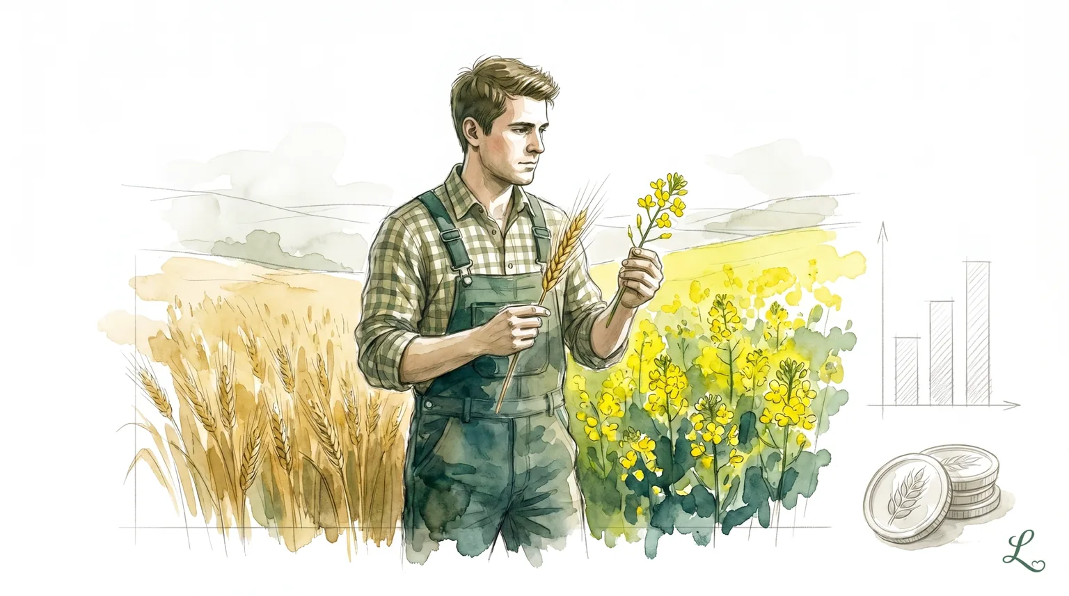 Landwirt zwischen Weizen- und Rapsfeld mit Balkendiagramm — Deckungsbeitrag berechnen