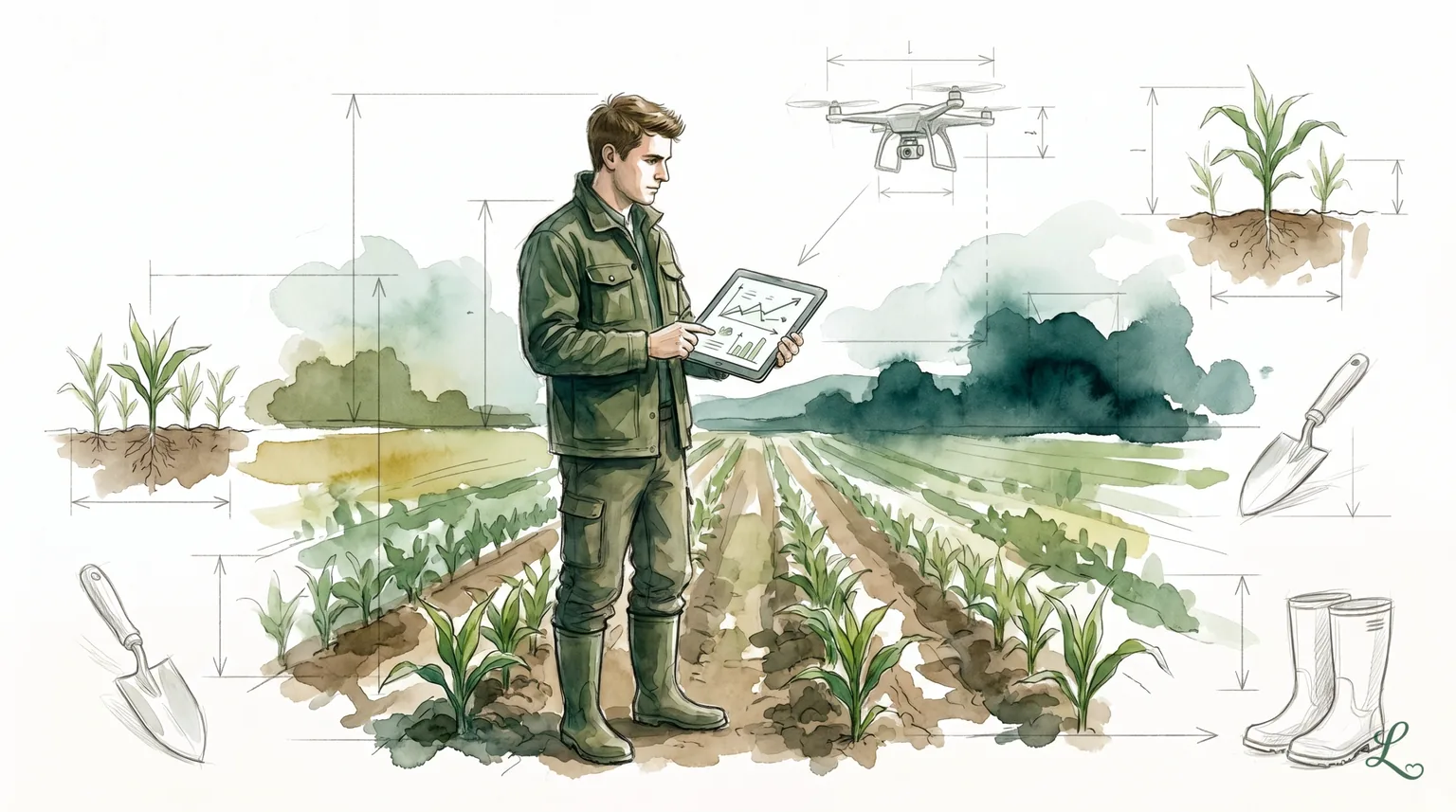 Landwirt mit Tablet im Feld, Drohne über den Reihen — Digitalisierung auf dem Hof