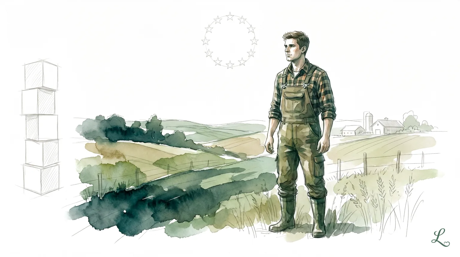 Landwirt im Feld vor fünf Bausteinen als Säulen — GAP-Direktzahlungen 2026