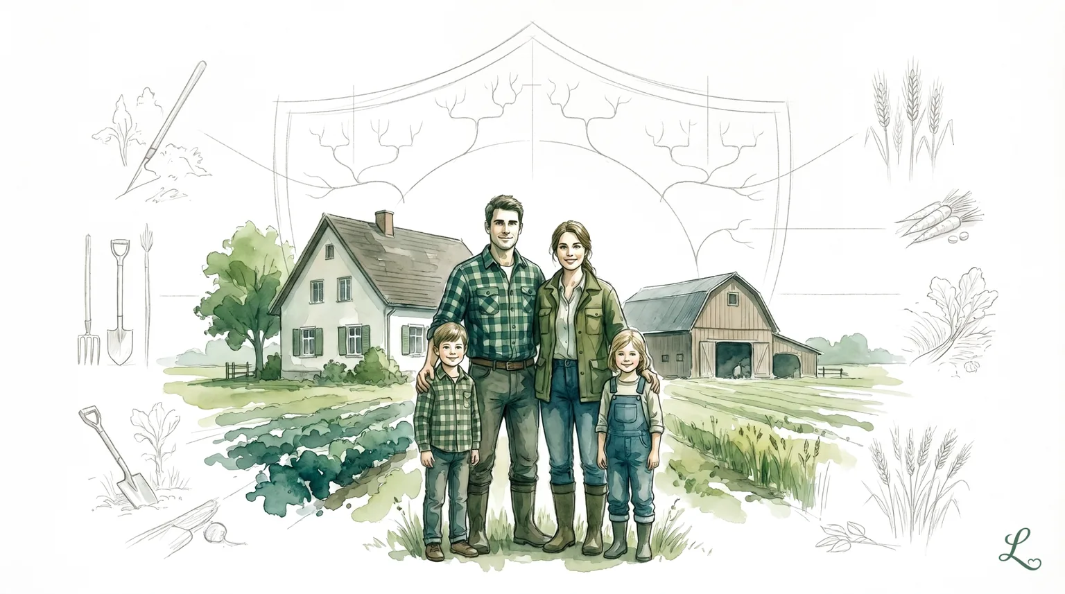 Hof mit Familie, schützendem Wappen und Stammbaum — Erbschaftsteuer beim Hof