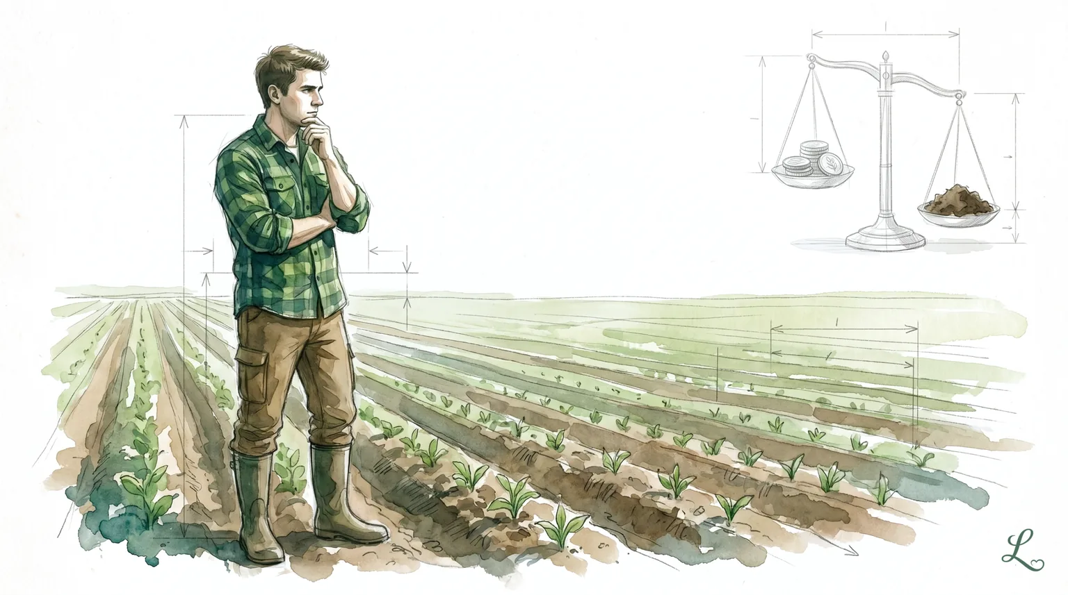 Landwirt blickt über ein Feld, Waage wägt Münzen gegen Boden — Pachtpreis bewerten