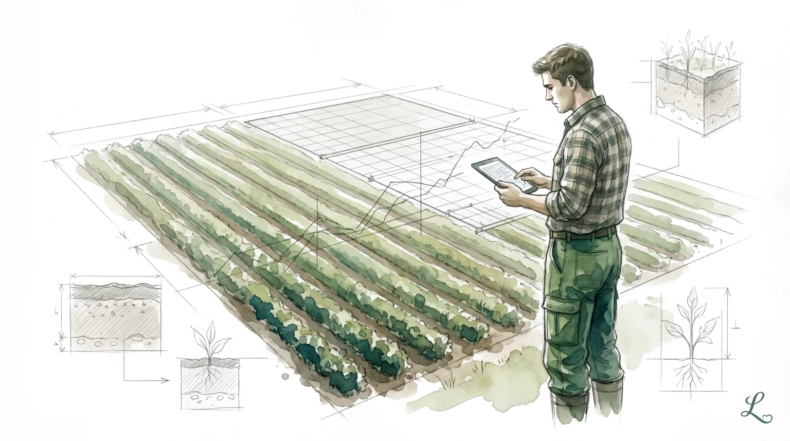 Ackerschlagkartei richtig führen — mehr als Pflicht, ein Controlling-Tool Landwirt mit Tablet am Feldrand, Schlagkarte über dem Acker — Ackerschlagkartei führen