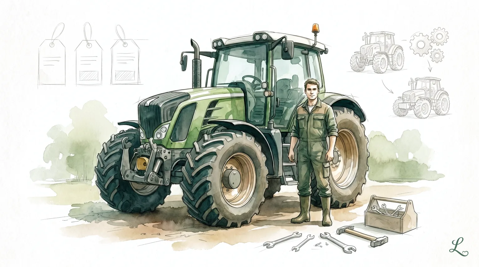 Landwirt neben Traktor mit Preisschildern im Vergleich — Landtechnik neu, gebraucht oder Leasing