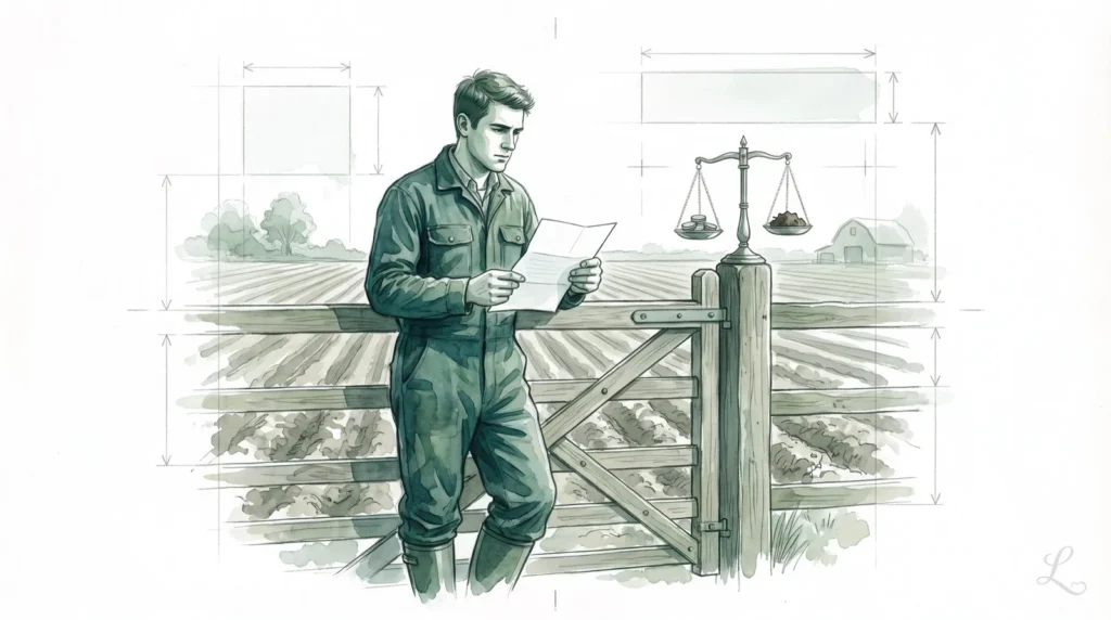 Junger Landwirt liest am Feldtor einen Brief, auf dem Torpfosten eine Waage mit Münzen und Erde – Pacht erhöhen