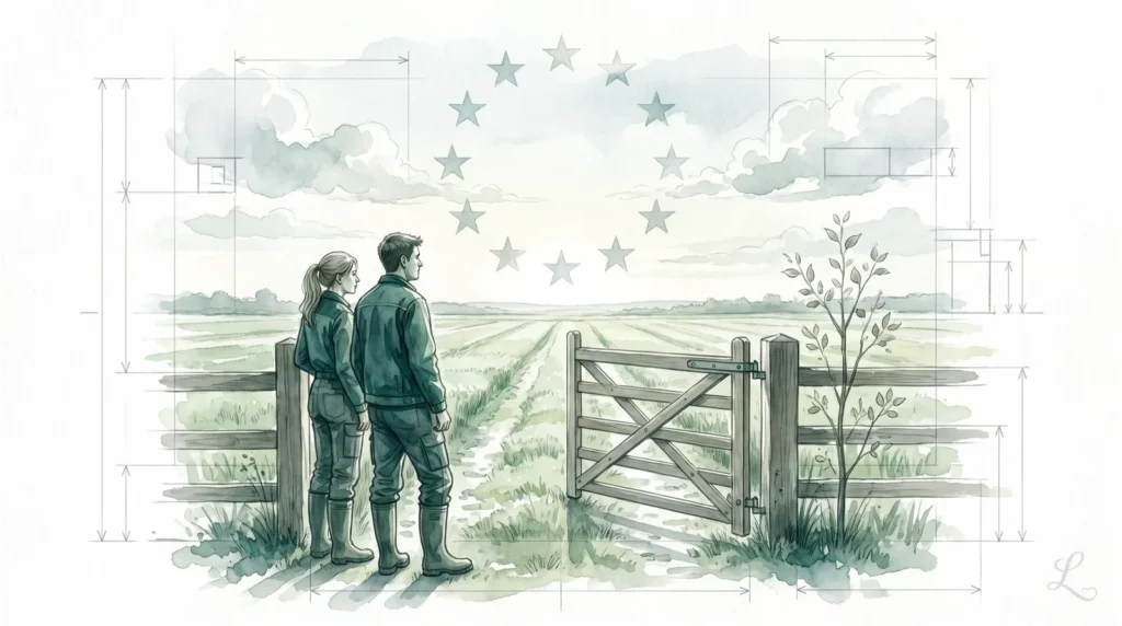 Zwei junge Landwirte am offenen Hoftor blicken über die Felder, am Himmel ein Sternenkreis – GAP nach 2027