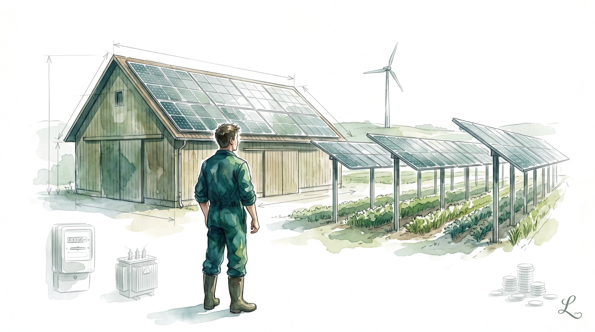 Scheune mit Photovoltaik auf dem Dach und Agri-PV-Reihen über einem Acker als Nebeneinkunft